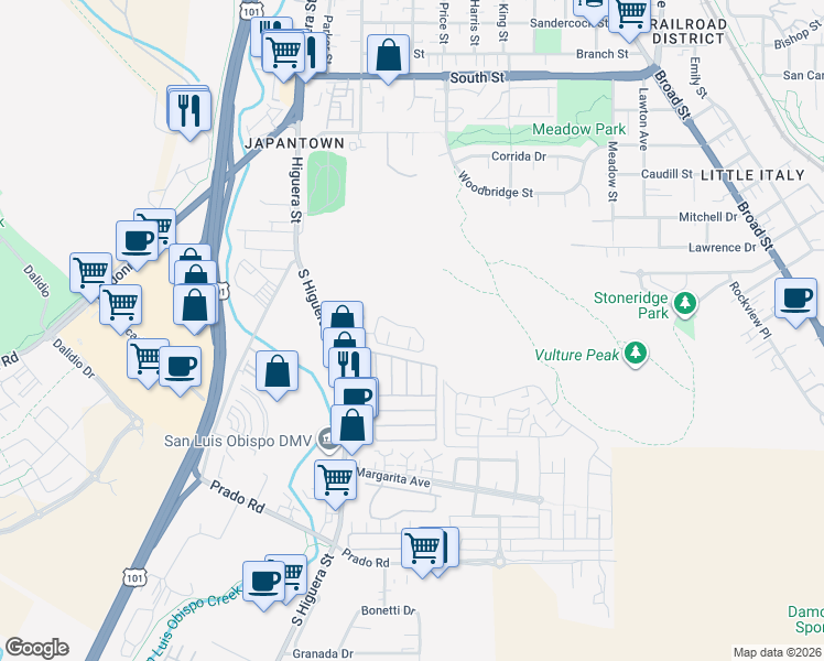 map of restaurants, bars, coffee shops, grocery stores, and more near 2852 Los Feliz Court in San Luis Obispo
