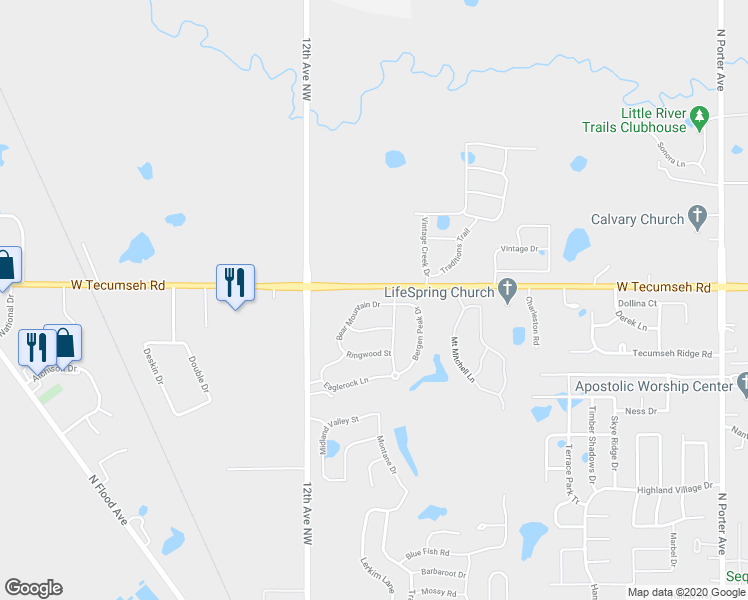 map of restaurants, bars, coffee shops, grocery stores, and more near 917 Bear Mountain Drive in Norman