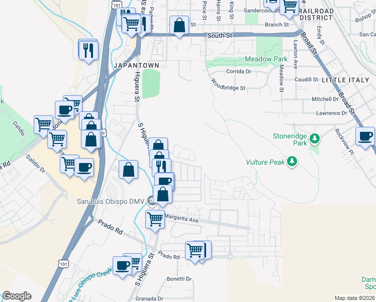 map of restaurants, bars, coffee shops, grocery stores, and more near 2852 Los Feliz Court in San Luis Obispo