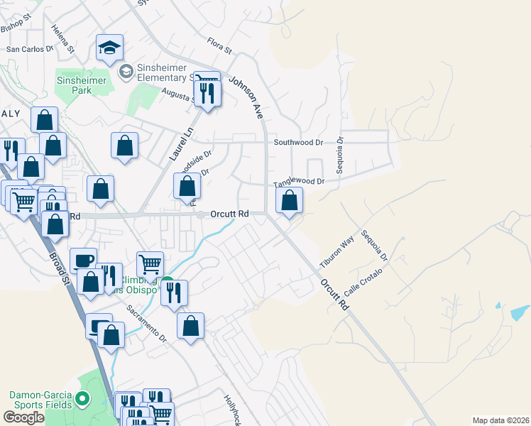 map of restaurants, bars, coffee shops, grocery stores, and more near Orcutt Rd & Johnson Ave in San Luis Obispo