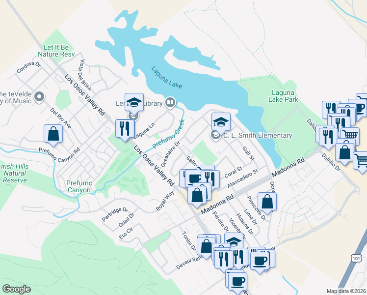 map of restaurants, bars, coffee shops, grocery stores, and more near 1212 Drake Circle in San Luis Obispo