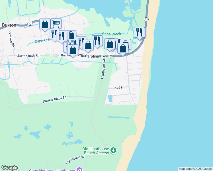 map of restaurants, bars, coffee shops, grocery stores, and more near Lighthouse Road in Buxton