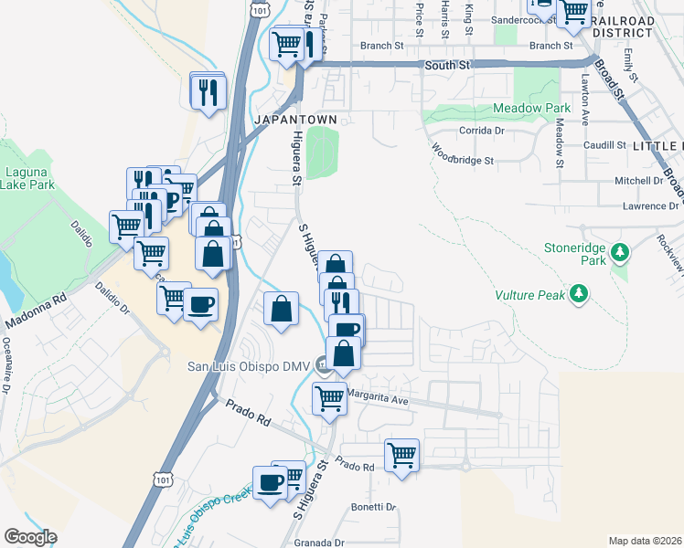 map of restaurants, bars, coffee shops, grocery stores, and more near 2885 South Higuera Street in San Luis Obispo