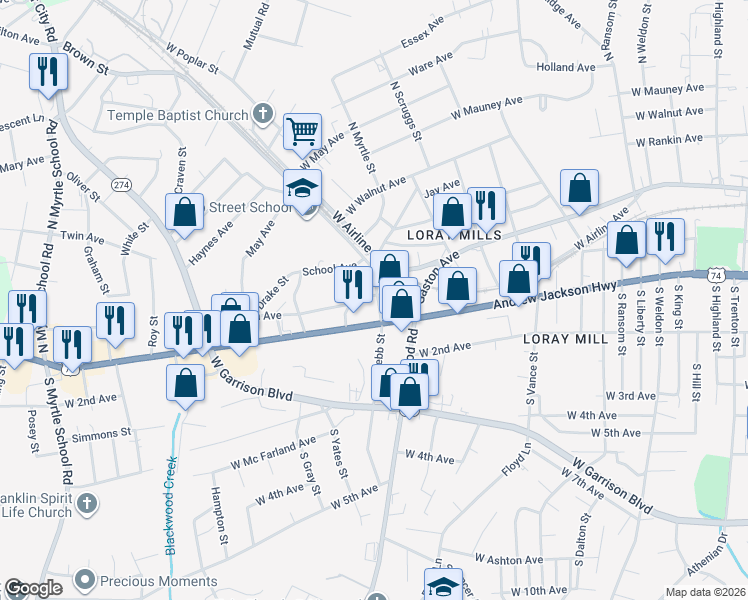 map of restaurants, bars, coffee shops, grocery stores, and more near in Gastonia