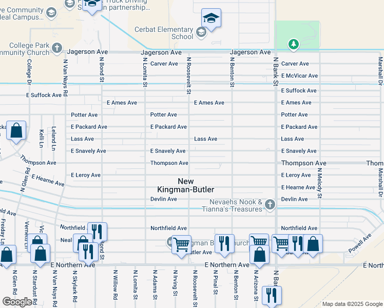 map of restaurants, bars, coffee shops, grocery stores, and more near 2635 East Snavely Avenue in Kingman
