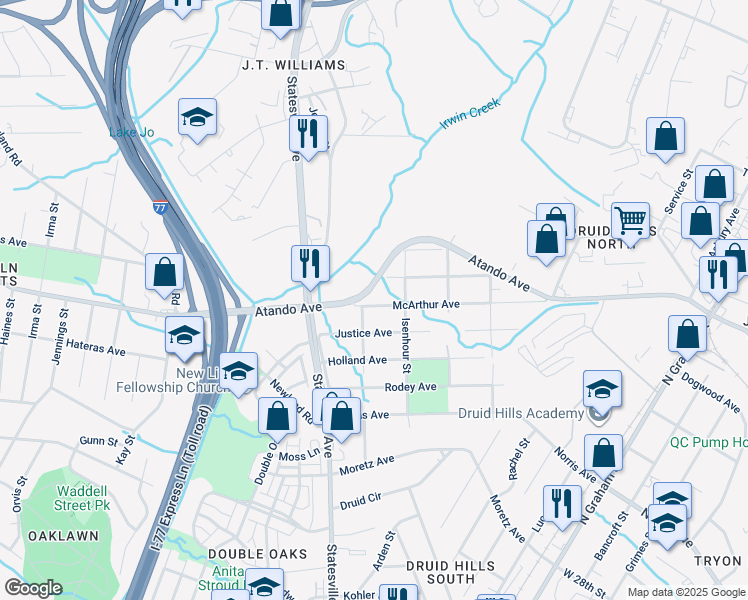 map of restaurants, bars, coffee shops, grocery stores, and more near 1028 McArthur Avenue in Charlotte