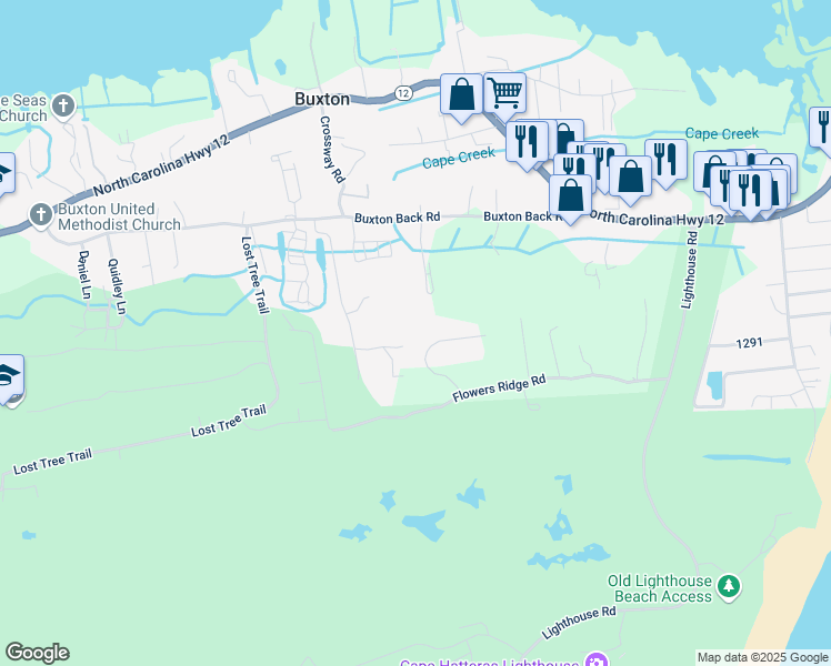 map of restaurants, bars, coffee shops, grocery stores, and more near 47136 Ridge Trail in Buxton
