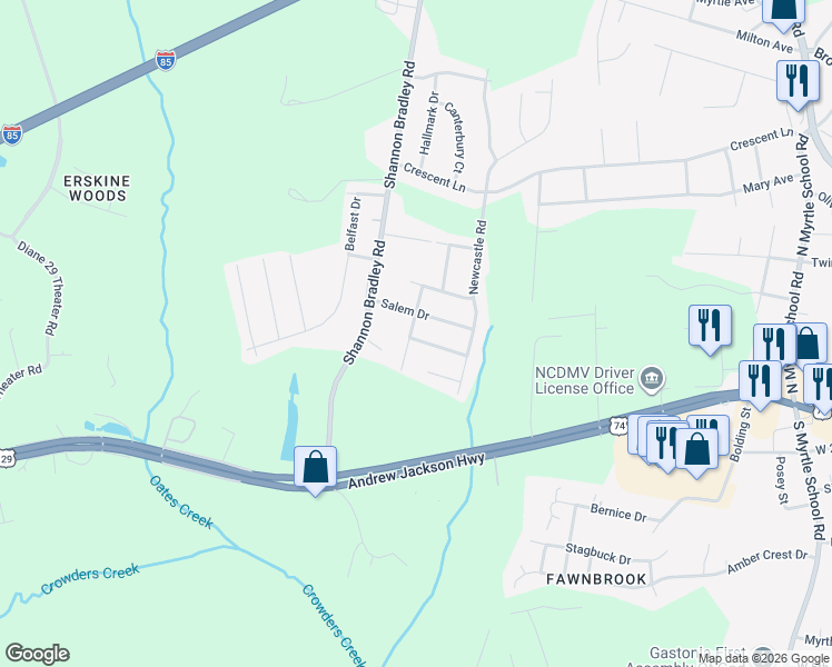 map of restaurants, bars, coffee shops, grocery stores, and more near 3043 Salem Drive in Gastonia