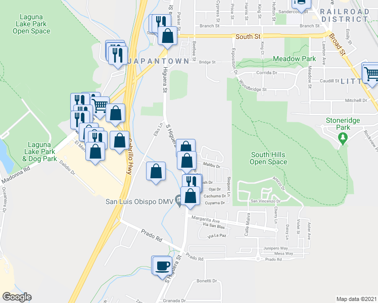 map of restaurants, bars, coffee shops, grocery stores, and more near 2885 South Higuera Street in San Luis Obispo