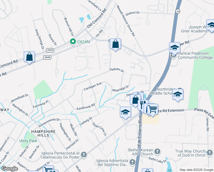 map of restaurants, bars, coffee shops, grocery stores, and more near 7039 Cardigan Avenue in Charlotte