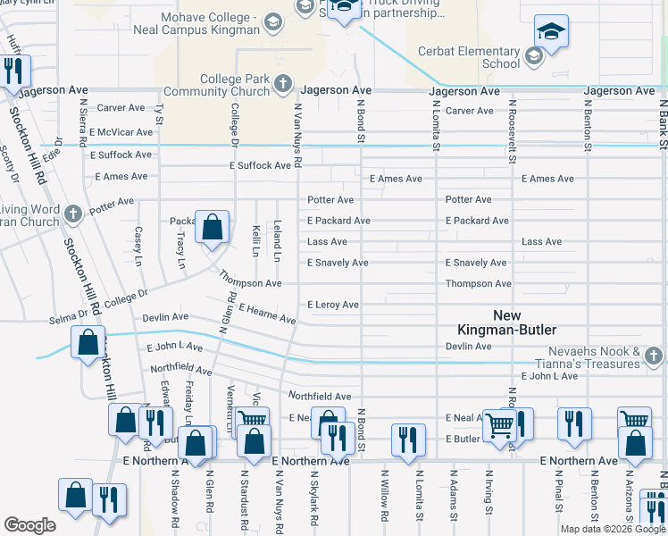 map of restaurants, bars, coffee shops, grocery stores, and more near 2150 East Snavely Avenue in Kingman