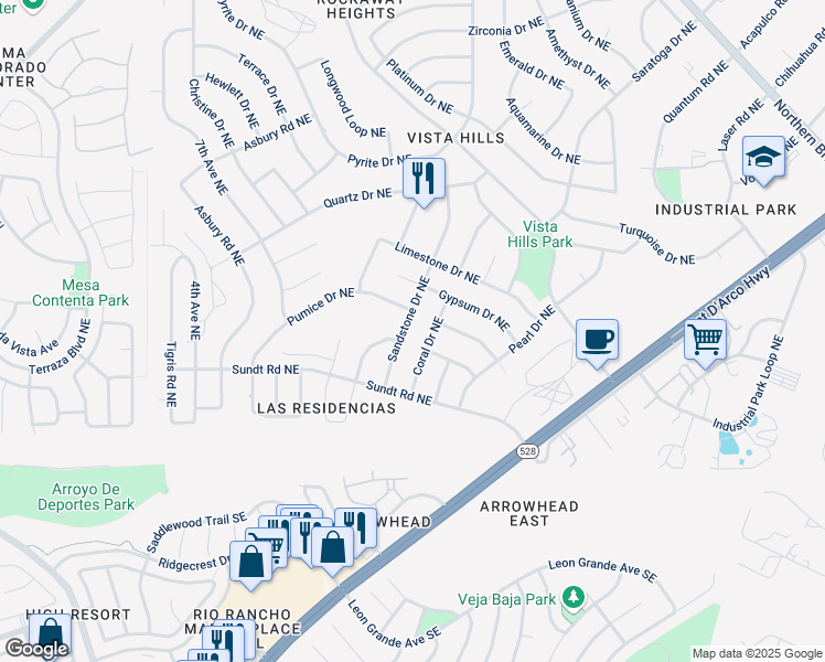 map of restaurants, bars, coffee shops, grocery stores, and more near 4440 Pumice Drive Northeast in Rio Rancho