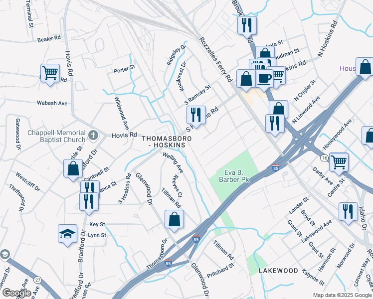 map of restaurants, bars, coffee shops, grocery stores, and more near 511 South Hoskins Road in Charlotte