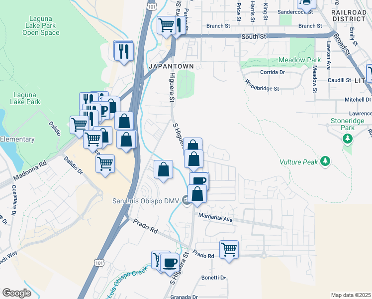 map of restaurants, bars, coffee shops, grocery stores, and more near 2885 South Higuera Street in San Luis Obispo