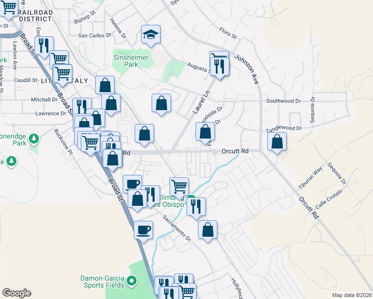 map of restaurants, bars, coffee shops, grocery stores, and more near 1050 Orcutt Rd in San Luis Obispo