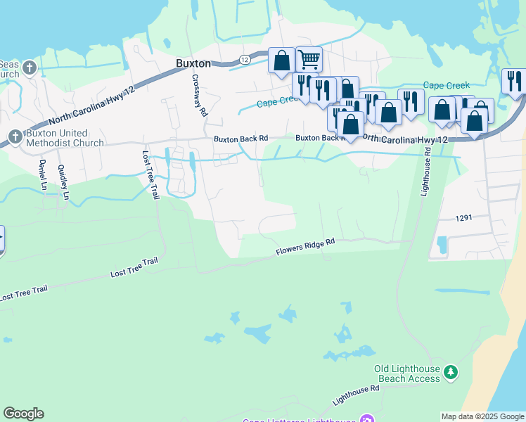 map of restaurants, bars, coffee shops, grocery stores, and more near 47136 Ridge Trail in Buxton
