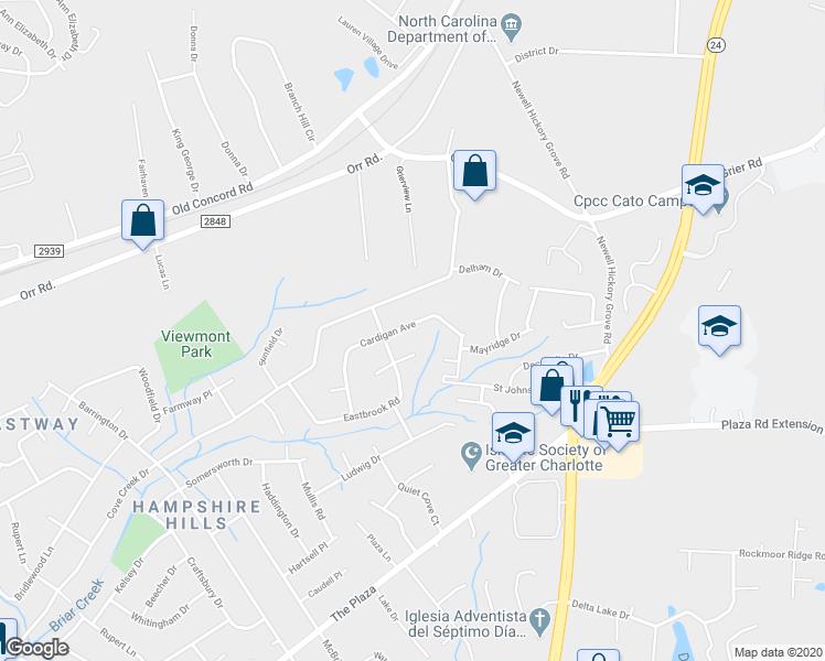 map of restaurants, bars, coffee shops, grocery stores, and more near 7020 Cardigan Avenue in Charlotte