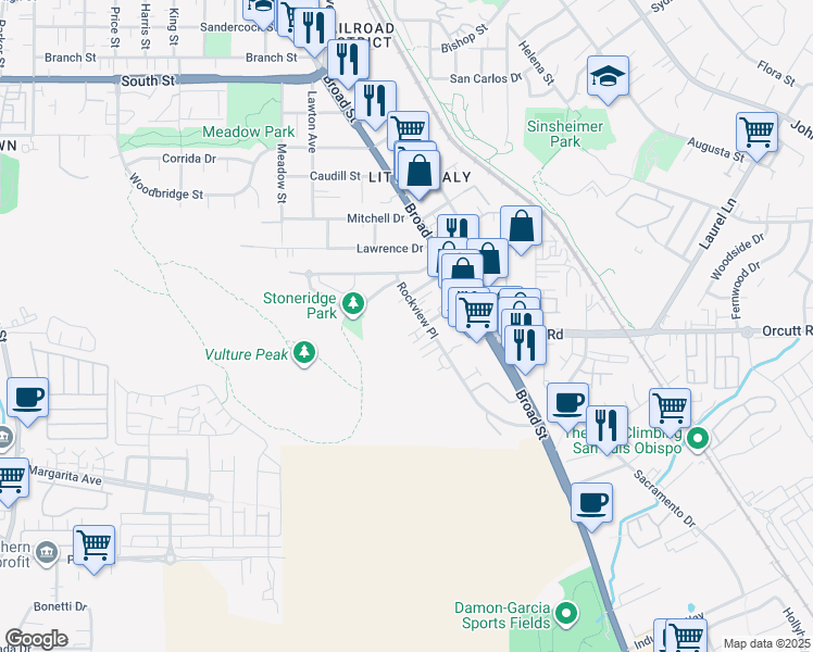 map of restaurants, bars, coffee shops, grocery stores, and more near 2975 Rockview Place in San Luis Obispo