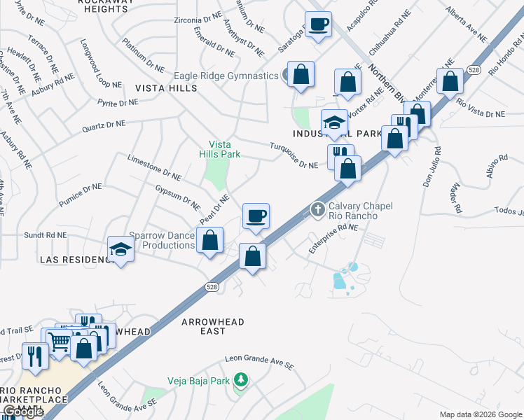map of restaurants, bars, coffee shops, grocery stores, and more near 4901 Rockaway Boulevard Northeast in Rio Rancho
