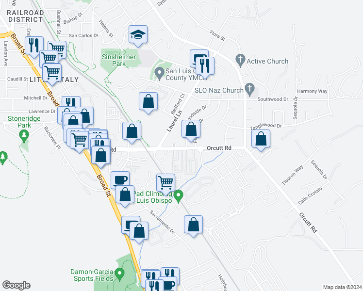 map of restaurants, bars, coffee shops, grocery stores, and more near 1114 Orcutt Road in San Luis Obispo