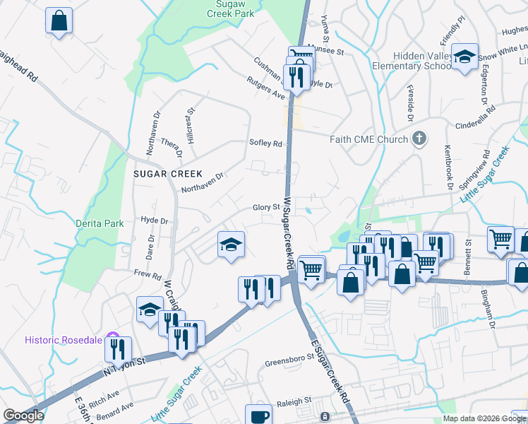 map of restaurants, bars, coffee shops, grocery stores, and more near 203 MONARCH CREEK LN in Charlotte