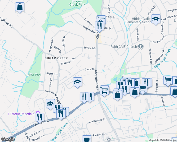 map of restaurants, bars, coffee shops, grocery stores, and more near 203 MONARCH CREEK LN in Charlotte