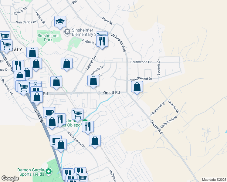 map of restaurants, bars, coffee shops, grocery stores, and more near 3689 Lawnwood Court in San Luis Obispo