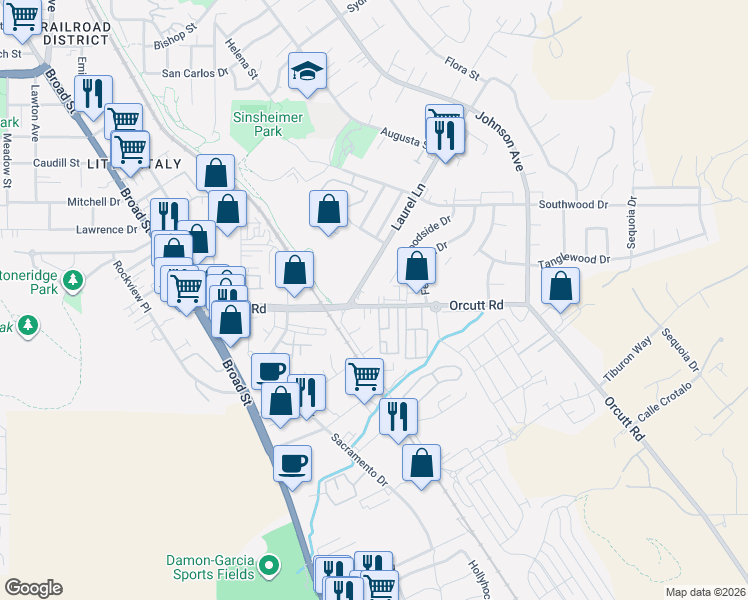 map of restaurants, bars, coffee shops, grocery stores, and more near 1130 Woodside Drive in San Luis Obispo