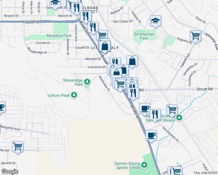 map of restaurants, bars, coffee shops, grocery stores, and more near 2968 Rockview Place in San Luis Obispo