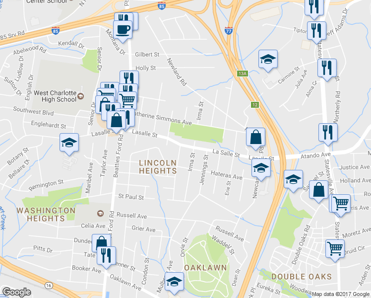 map of restaurants, bars, coffee shops, grocery stores, and more near 1800 Lasalle Street in Charlotte