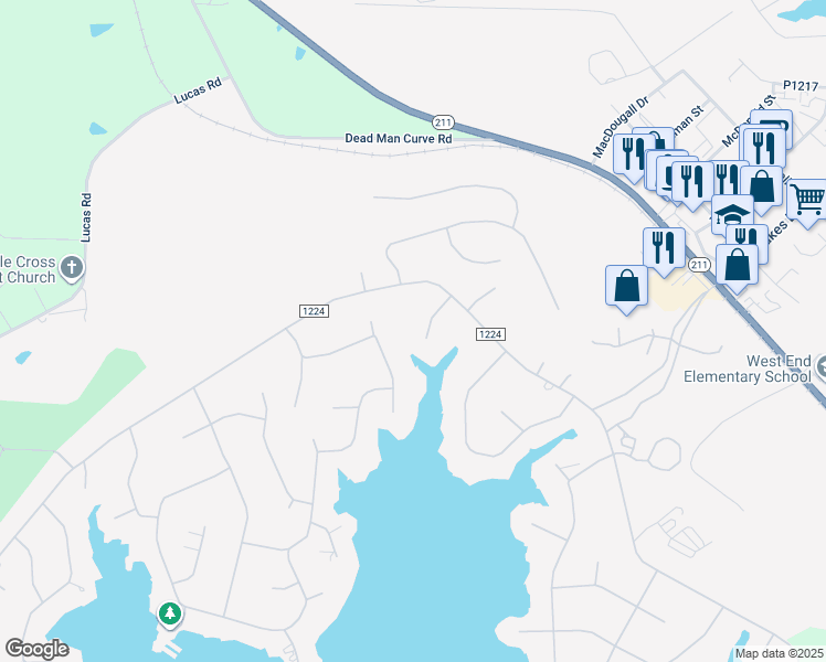 map of restaurants, bars, coffee shops, grocery stores, and more near 110 Patman Court in Seven Lakes
