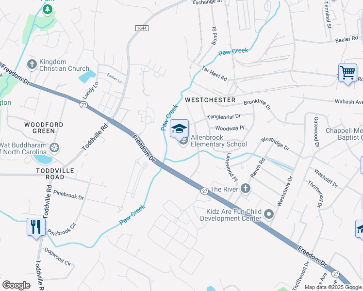 map of restaurants, bars, coffee shops, grocery stores, and more near 1430 Allenbrook Drive in Charlotte