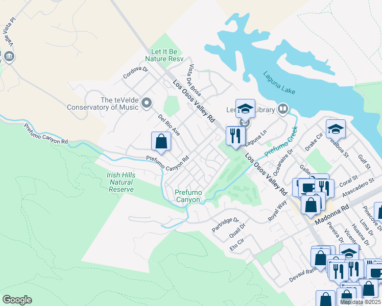 map of restaurants, bars, coffee shops, grocery stores, and more near Prefumo Canyon Road & Del Rio Avenue in San Luis Obispo