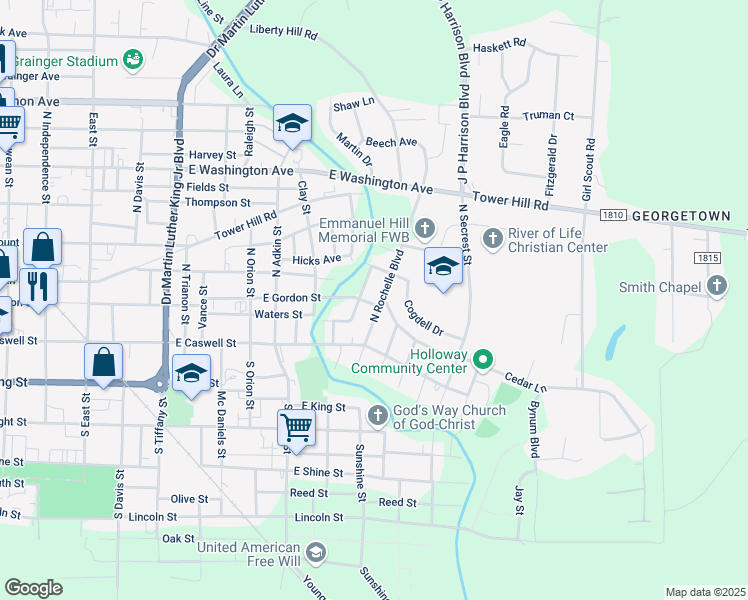 map of restaurants, bars, coffee shops, grocery stores, and more near 204 North Rochelle Boulevard in Kinston
