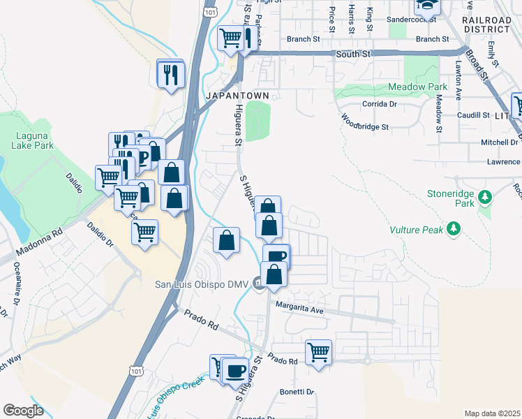 map of restaurants, bars, coffee shops, grocery stores, and more near 2885 South Higuera Street in San Luis Obispo