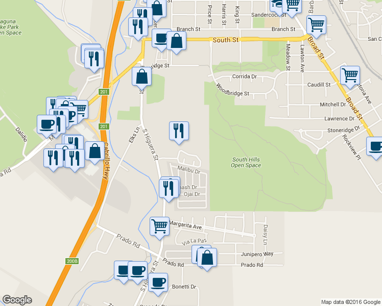 map of restaurants, bars, coffee shops, grocery stores, and more near 222 Loma Bonita Drive in San Luis Obispo