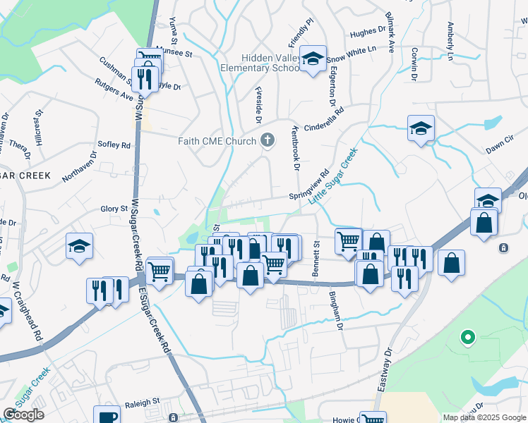 map of restaurants, bars, coffee shops, grocery stores, and more near 4624 Springview Road in Charlotte