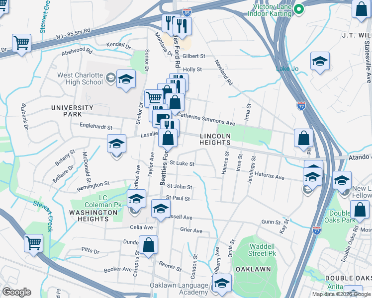 map of restaurants, bars, coffee shops, grocery stores, and more near 2020 Custer Street in Charlotte