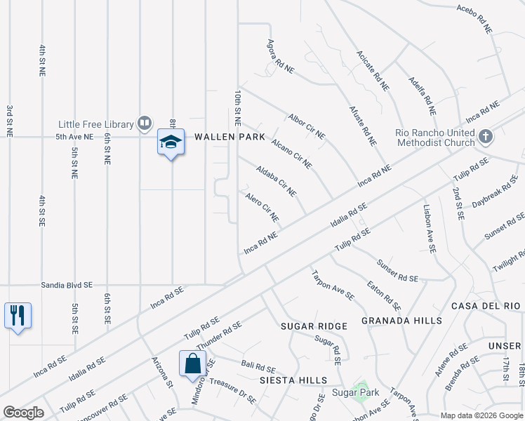 map of restaurants, bars, coffee shops, grocery stores, and more near 201 Alero Circle Northeast in Rio Rancho