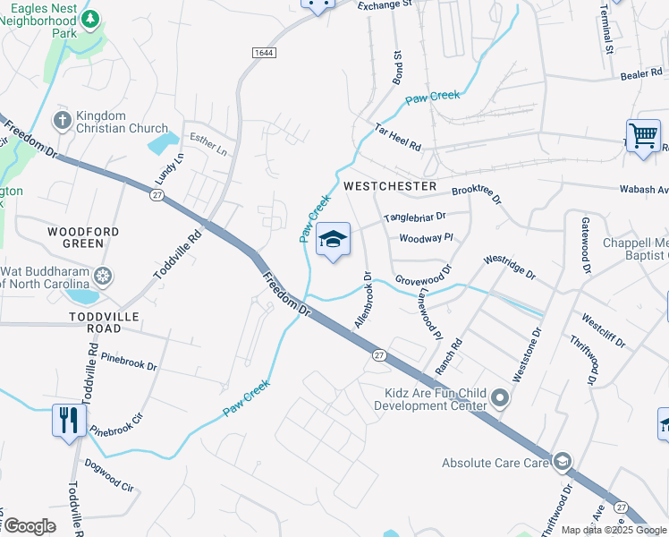map of restaurants, bars, coffee shops, grocery stores, and more near 1430 Allenbrook Drive in Charlotte