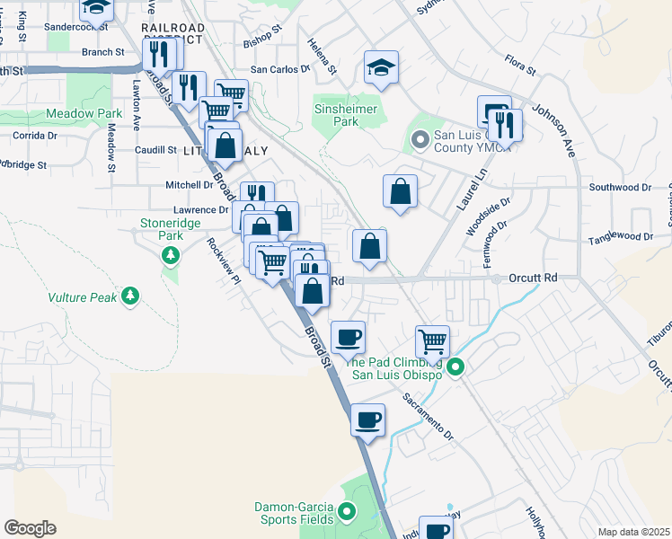 map of restaurants, bars, coffee shops, grocery stores, and more near 830 Orcutt Road in San Luis Obispo