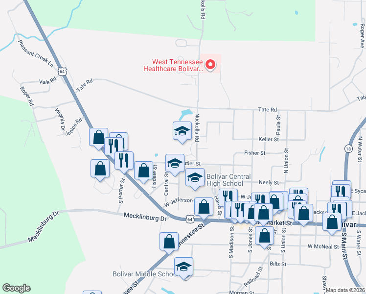 map of restaurants, bars, coffee shops, grocery stores, and more near 533 Nuckolls Road in Bolivar