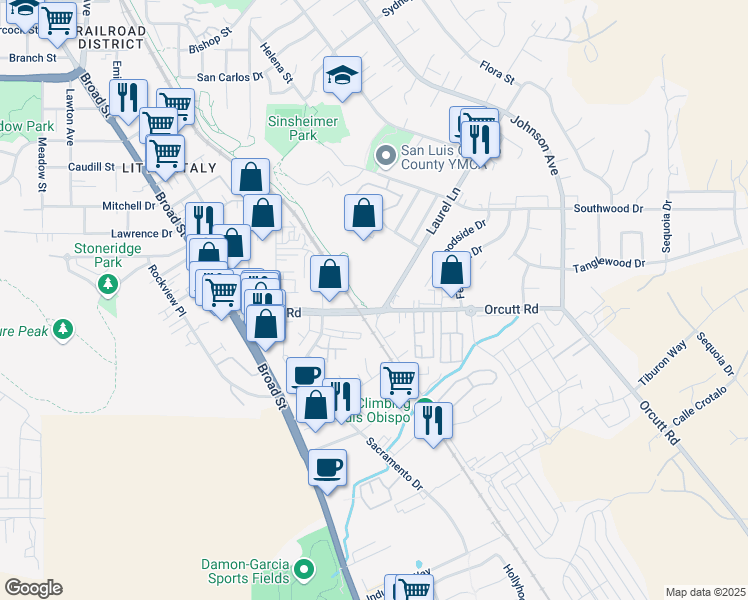 map of restaurants, bars, coffee shops, grocery stores, and more near in San Luis Obispo