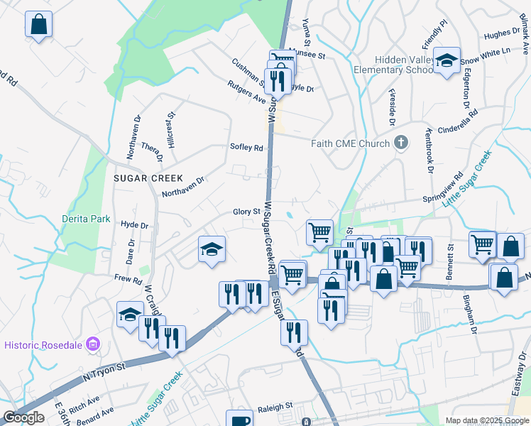 map of restaurants, bars, coffee shops, grocery stores, and more near Monarch Drive in Charlotte