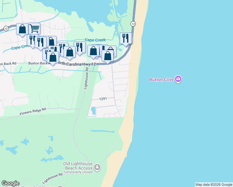 map of restaurants, bars, coffee shops, grocery stores, and more near 46051 South Tower Circle in Buxton