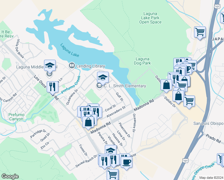 map of restaurants, bars, coffee shops, grocery stores, and more near 1464 Gulf Street in San Luis Obispo