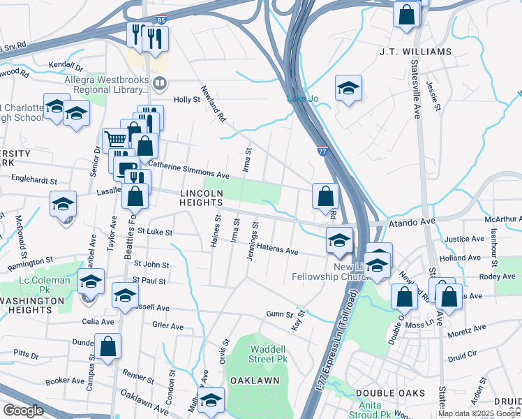 map of restaurants, bars, coffee shops, grocery stores, and more near 2012 Jennings Street in Charlotte