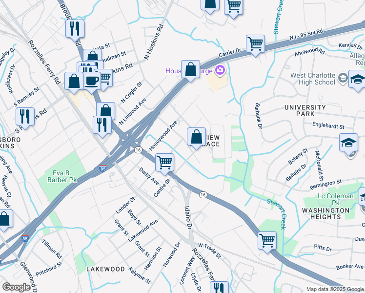 map of restaurants, bars, coffee shops, grocery stores, and more near 3427 Kentucky Avenue in Charlotte