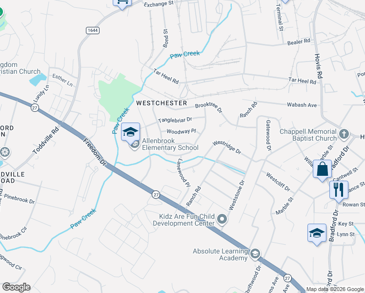 map of restaurants, bars, coffee shops, grocery stores, and more near 1300 Grovewood Drive in Charlotte