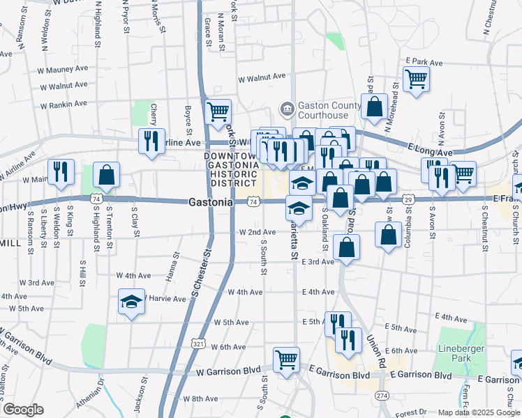 map of restaurants, bars, coffee shops, grocery stores, and more near in Gastonia